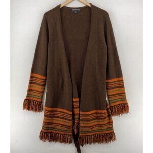 BABETTE BALLINGER Sweater XL Nubble Wrap Cardigan Striped Fringed Brown Orange